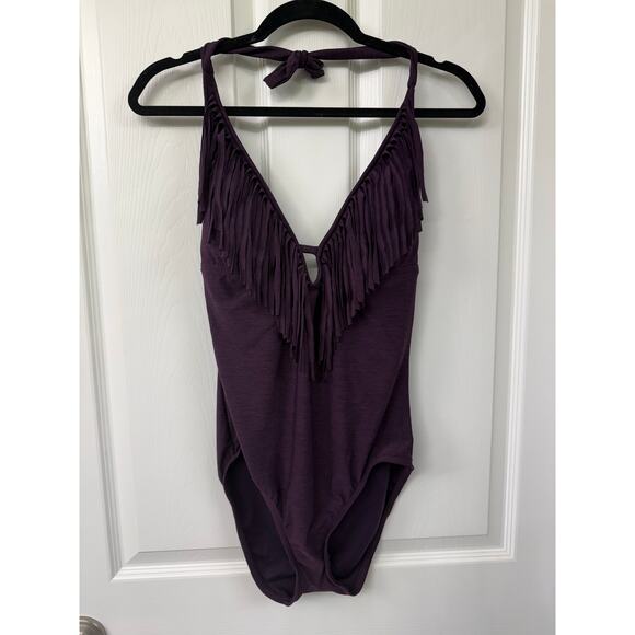 Mossimo Halter plum purple fringe one piece bathing suit NWT v neck swim Small - Picture 3 of 5